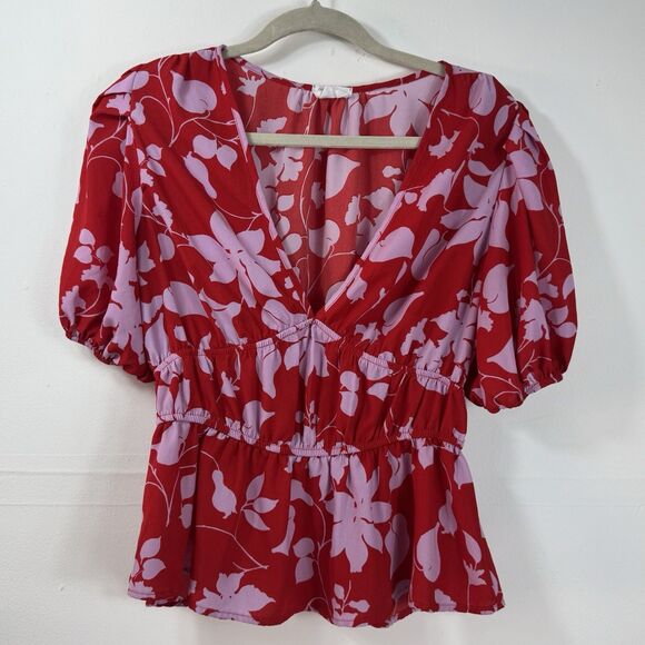 Sienna Sky Women’s  size XL Peplum Puff Sleeve Top V-neck Red Pink Floral - Picture 1 of 5